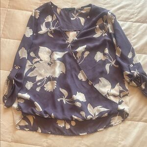 Floral V-Neck Wrap Top - purple and cream
